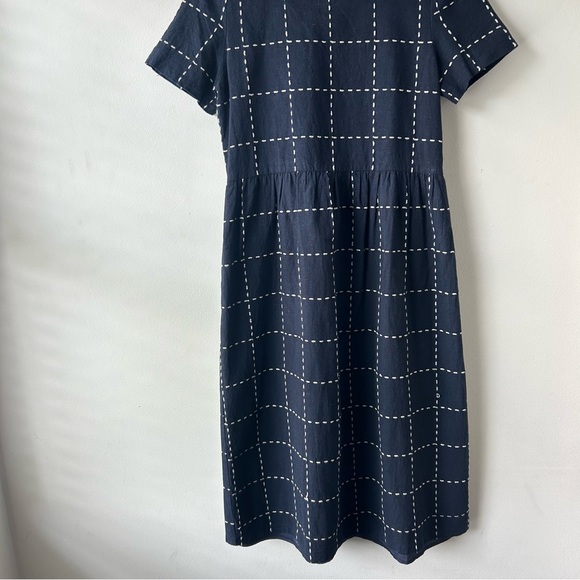 Navy and ivory windowpane grid print midi knee length dress - Picture 3 of 12